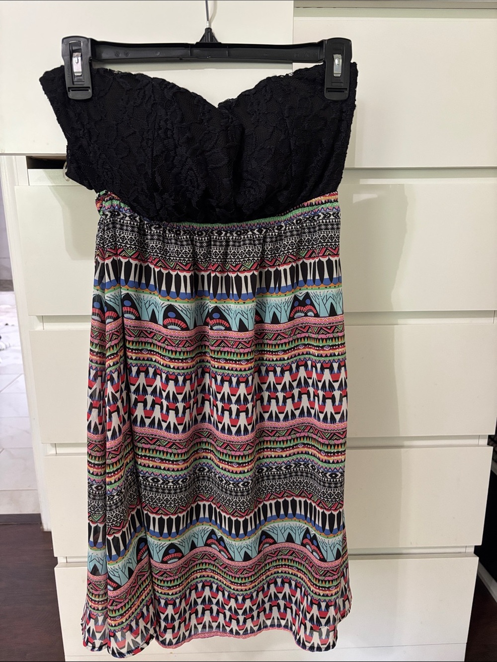 Strapless Black Lace & Multicolor Tribal Print Dress